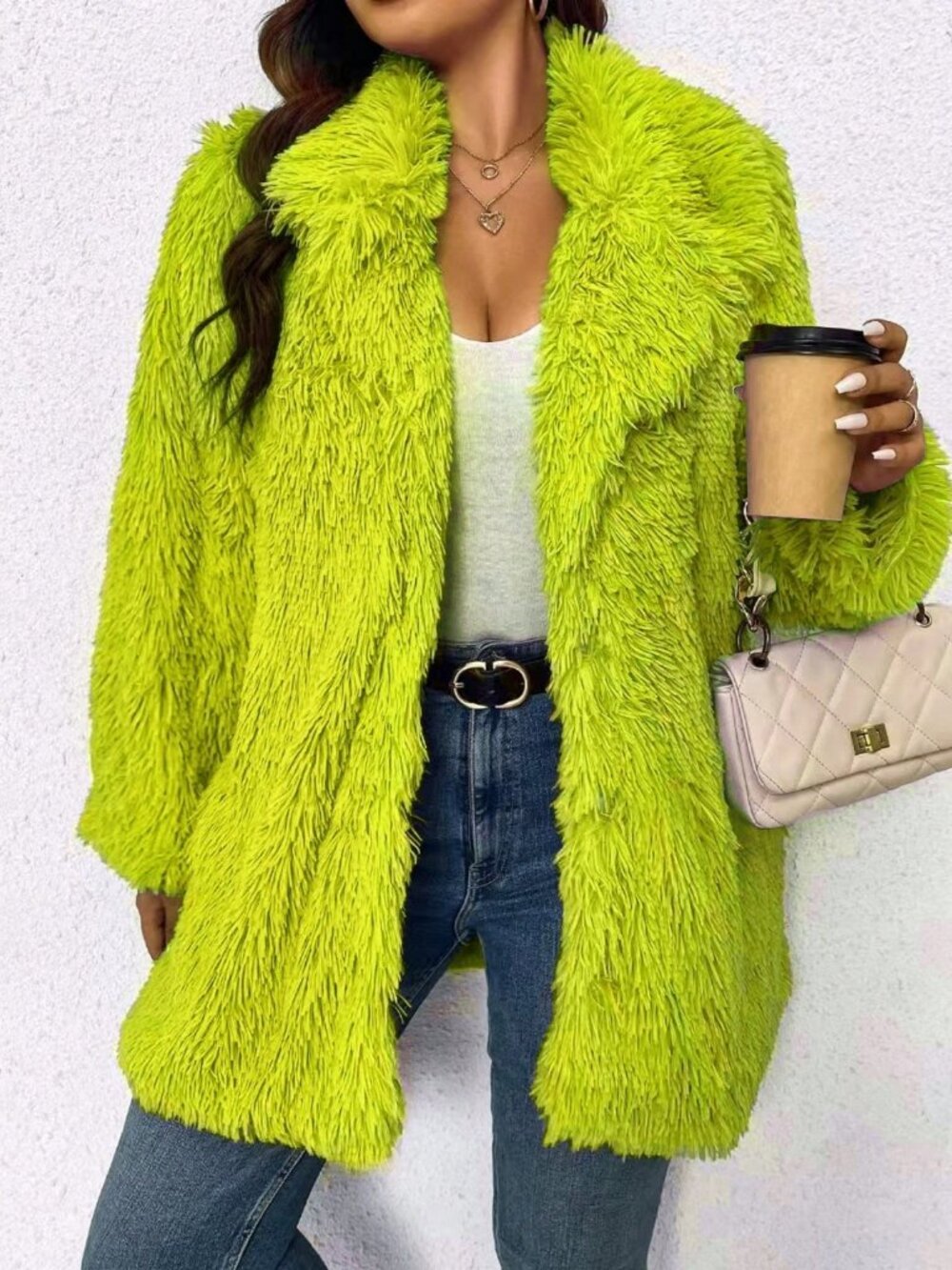 Green Preppy Women's Plus Size Fluffy Collar Long Sleeve Jacket